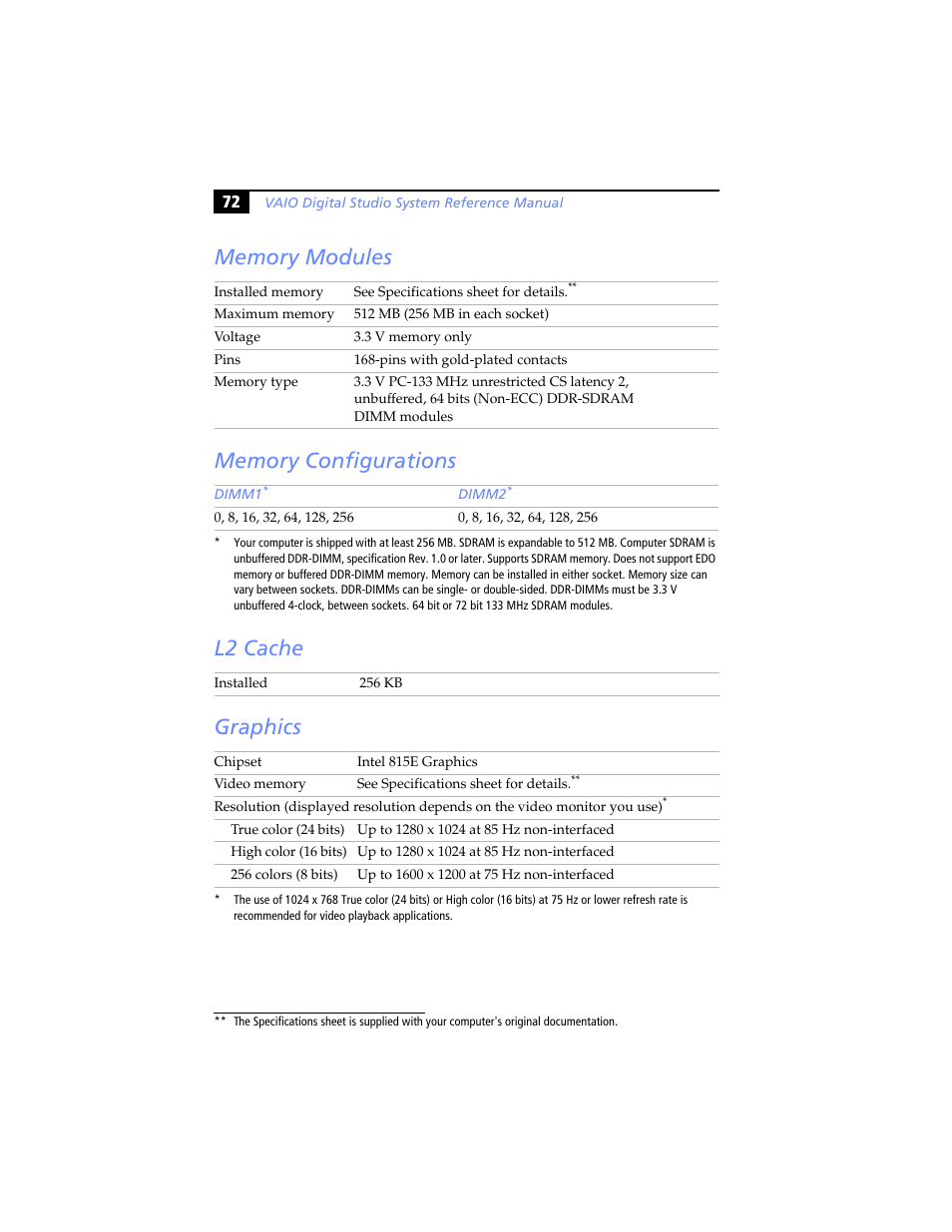 Memory modules, Memory configurations, L2 cache | Graphics | Sony PCV-RX640 User Manual | Page 84 / 92