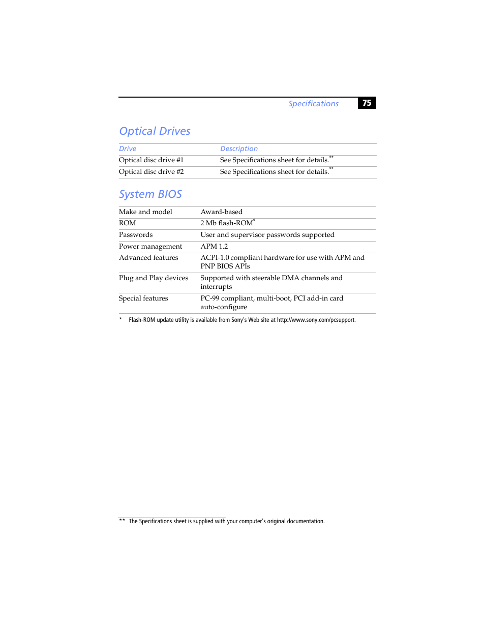 Optical drives, System bios, Optical drives system bios | Sony PCV-RX640 User Manual | Page 87 / 92