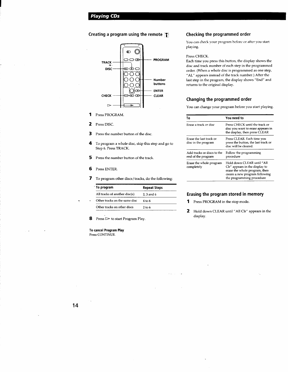 Creating a program using the remote, Checking the programmed order, Changing the programmed order | Erasing the program stored in memory, To cancel program play, Ooo o, Playing cds | Sony CDP-CX210 User Manual | Page 14 / 19