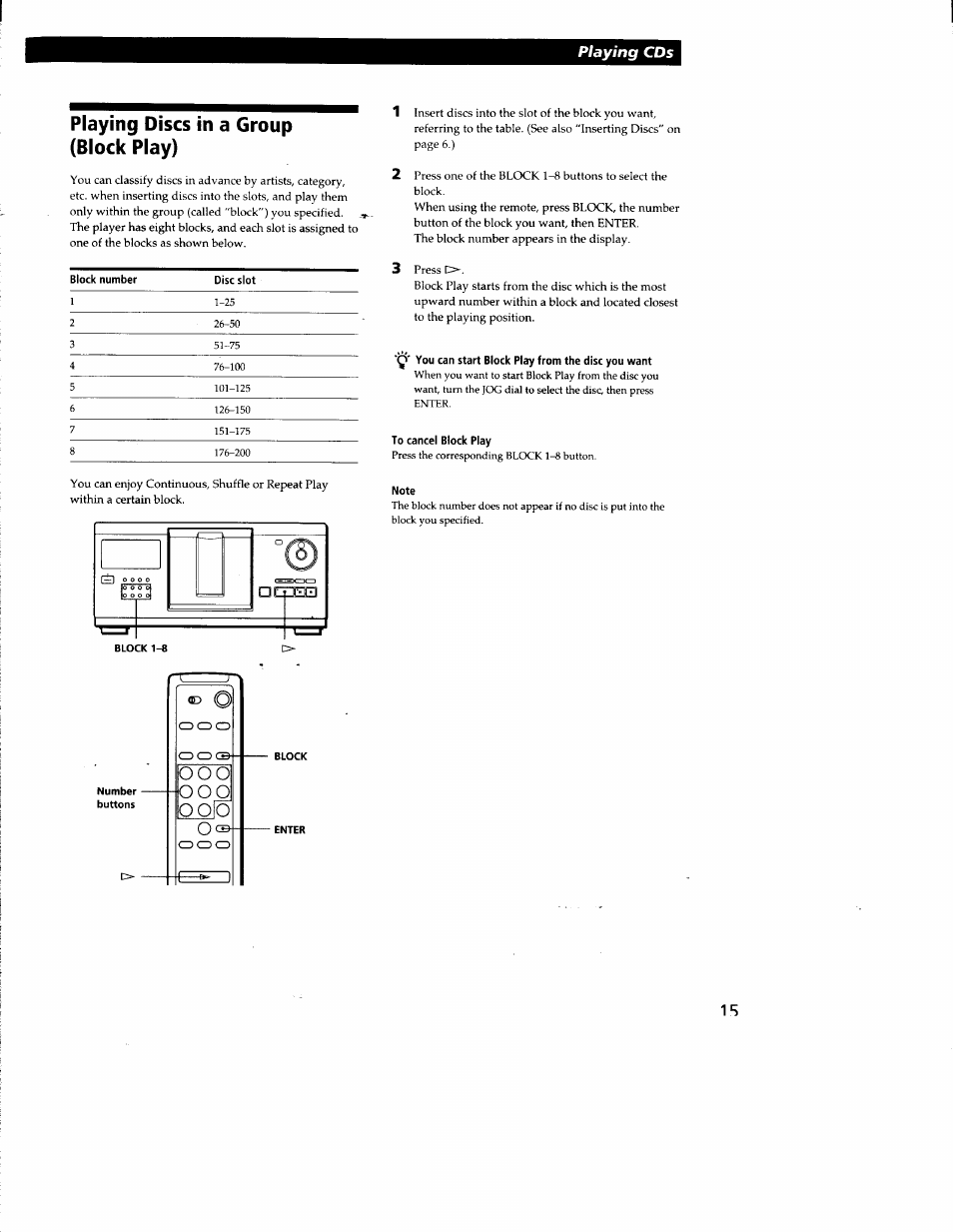 Playing discs in a group (block play), You can start block play from the disc you want, To cancel block play | Note, Playing cds | Sony CDP-CX210 User Manual | Page 15 / 19