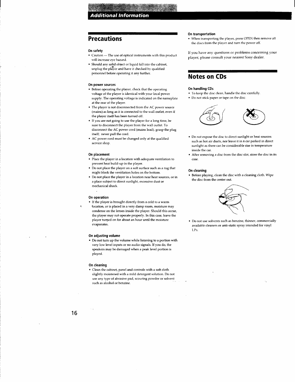 Precautions, On safety, On power sources | On placement, On operation, On adjusting volume, On cleaning, On transportation, Notes on cds, On handling cds | Sony CDP-CX210 User Manual | Page 16 / 19