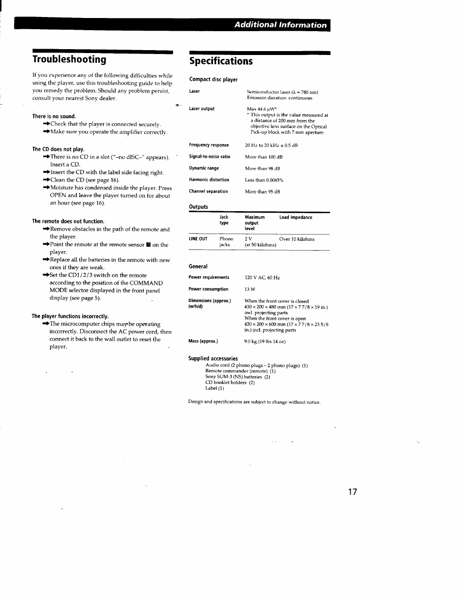 Troubleshooting specifications, Additional information | Sony CDP-CX210 User Manual | Page 17 / 19