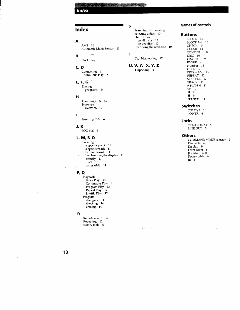 Index, E. f, g, U. v, w, x. y. z | J. k, L, m, n o, P. q, Names of controls buttons, Switches, Jacks, Others | Sony CDP-CX210 User Manual | Page 18 / 19