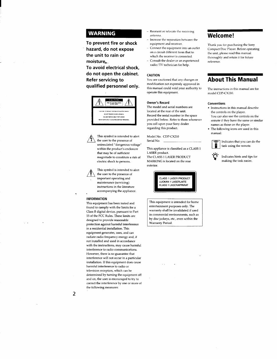 Information, Caution, Owner's record | Welcome, About this manual, Conventions, Warning | Sony CDP-CX210 User Manual | Page 2 / 19