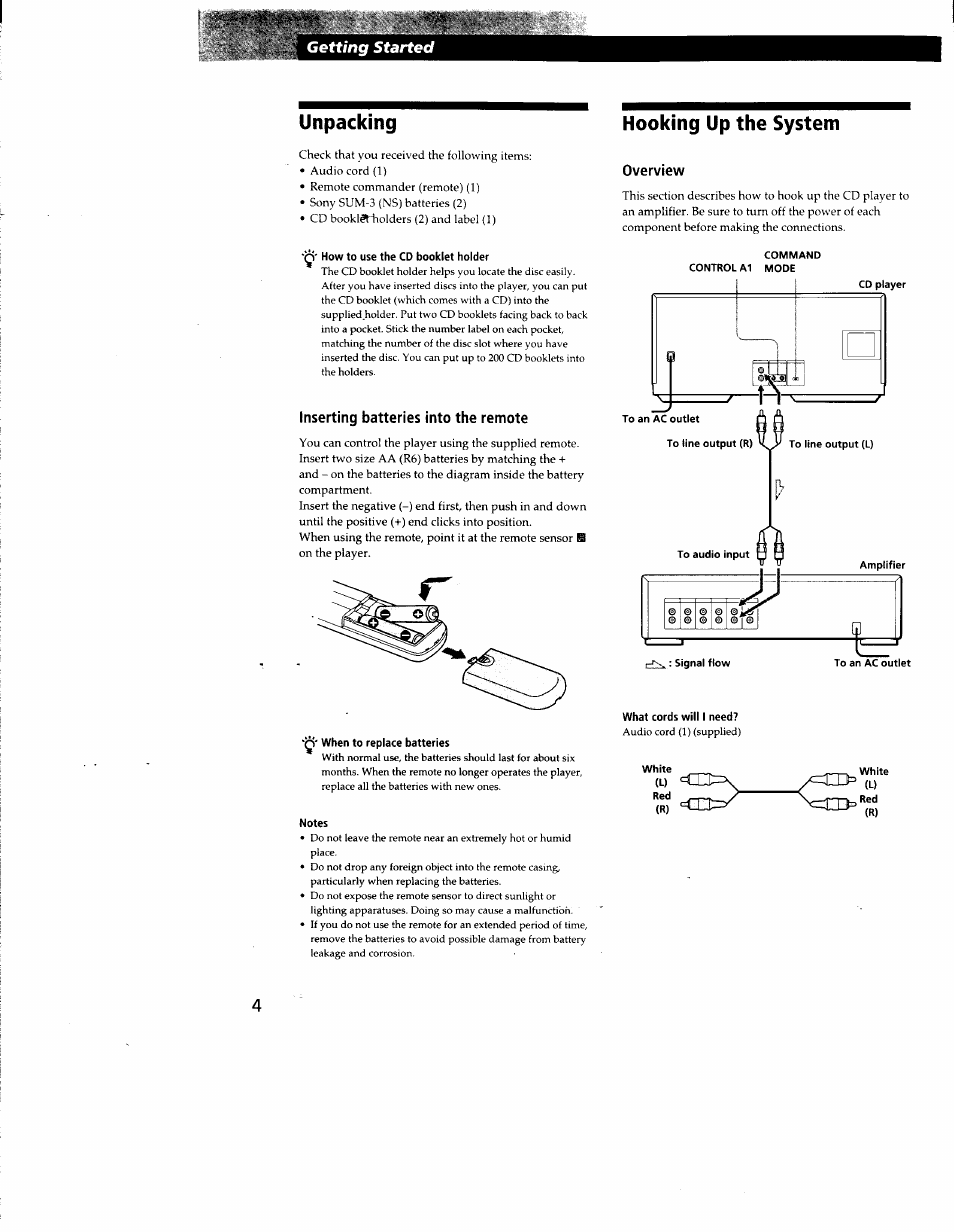 How to use the cd booklet holder, Inserting batteries into the remote, When to replace batteries | Notes, Hooking up the system, Overview, What cords will i need, Unpacking, Getting started | Sony CDP-CX210 User Manual | Page 4 / 19
