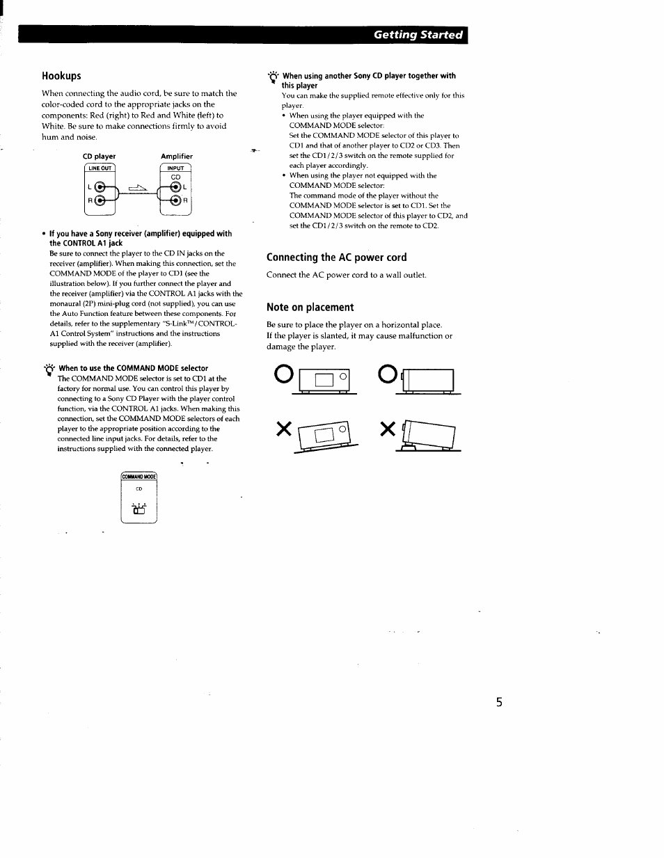 Hookups, When to use the command mode selector, Connecting the ac power cord | Note on placement, Getting started | Sony CDP-CX210 User Manual | Page 5 / 19