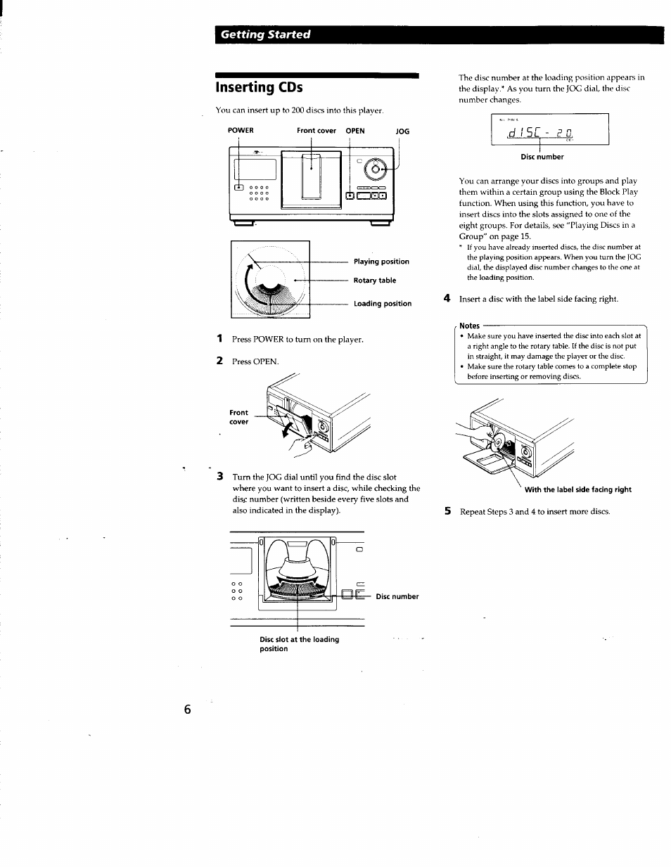 Inserting cds, Notes, Getting started | Sony CDP-CX210 User Manual | Page 6 / 19