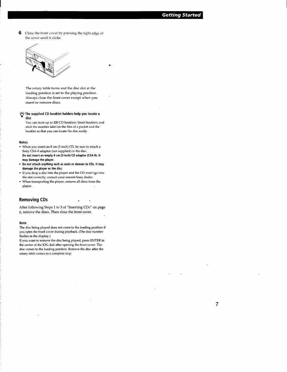 Notes, Removing cds, Note | Getting started | Sony CDP-CX210 User Manual | Page 7 / 19