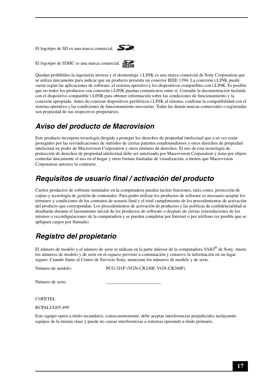 Aviso del producto de macrovision, Registro del propietario | Sony VGN-CR240N User Manual | Page 17 / 28