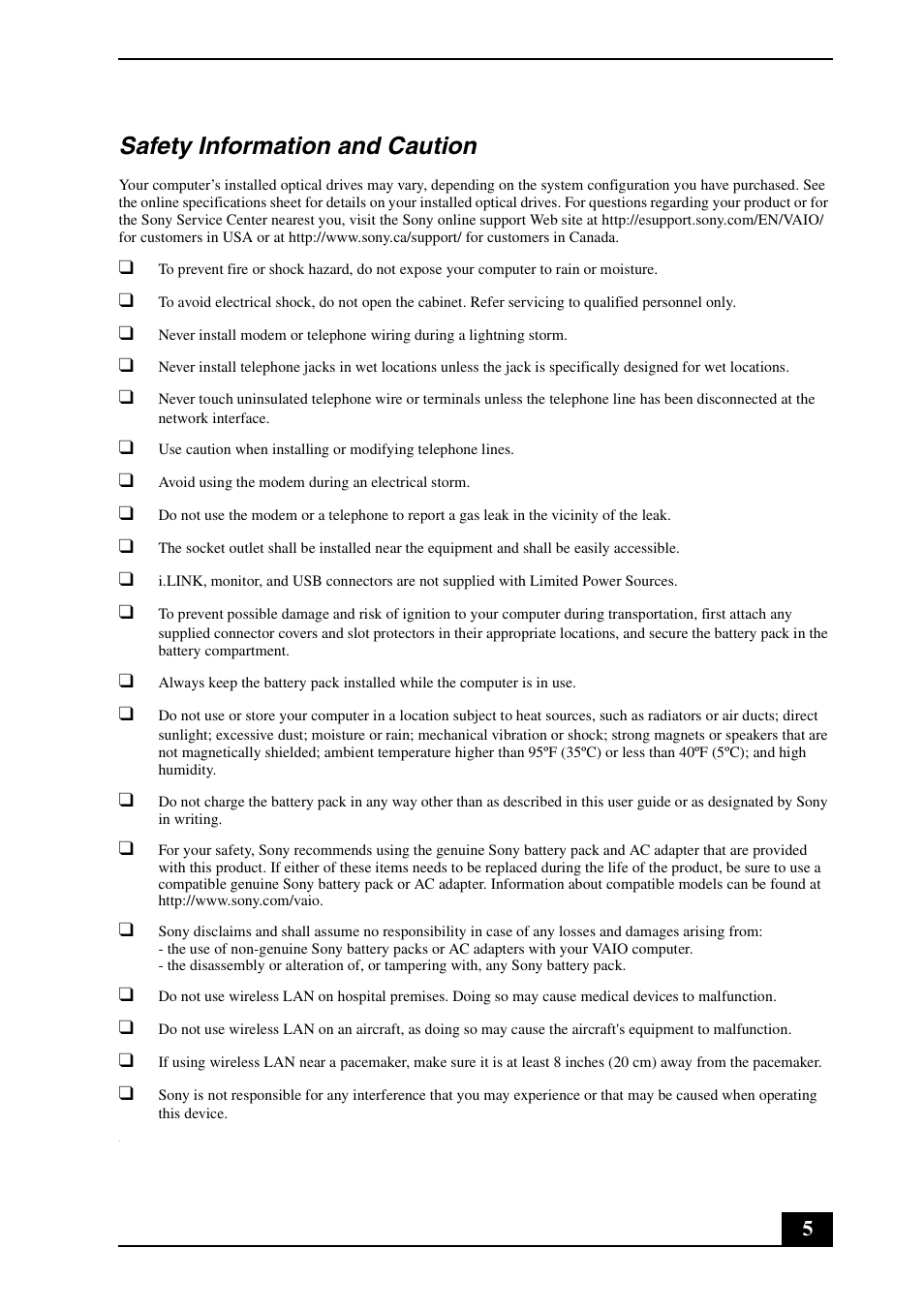Safety information and caution | Sony VGN-CR240N User Manual | Page 5 / 28