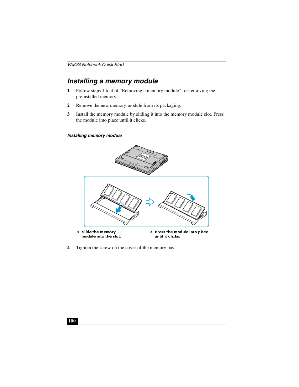 Installing a memory module | Sony PCG-GR390K User Manual | Page 100 / 217