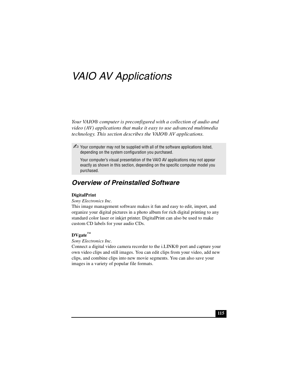 Vaio av applications, Overview of preinstalled software | Sony PCG-GR390K User Manual | Page 115 / 217