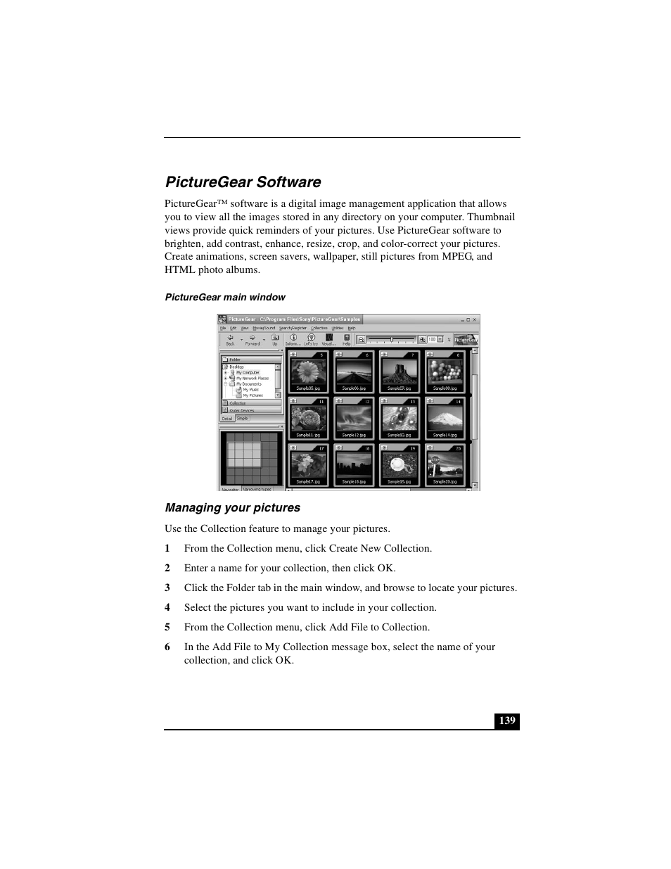 Picturegear software, Managing your pictures | Sony PCG-GR390K User Manual | Page 139 / 217