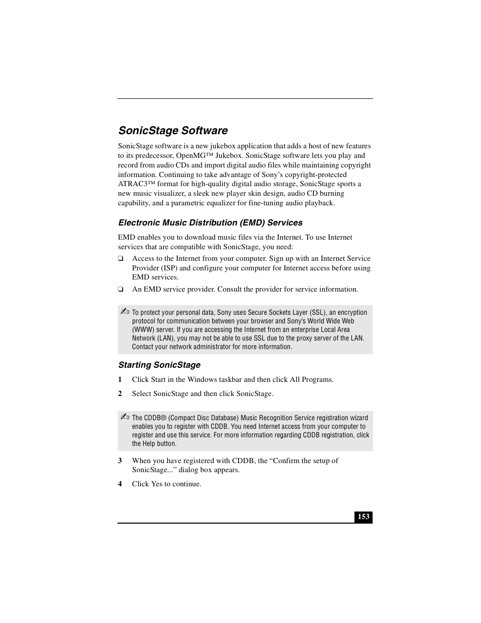 Sonicstage software, Electronic music distribution (emd) services, Starting sonicstage | Sony PCG-GR390K User Manual | Page 153 / 217