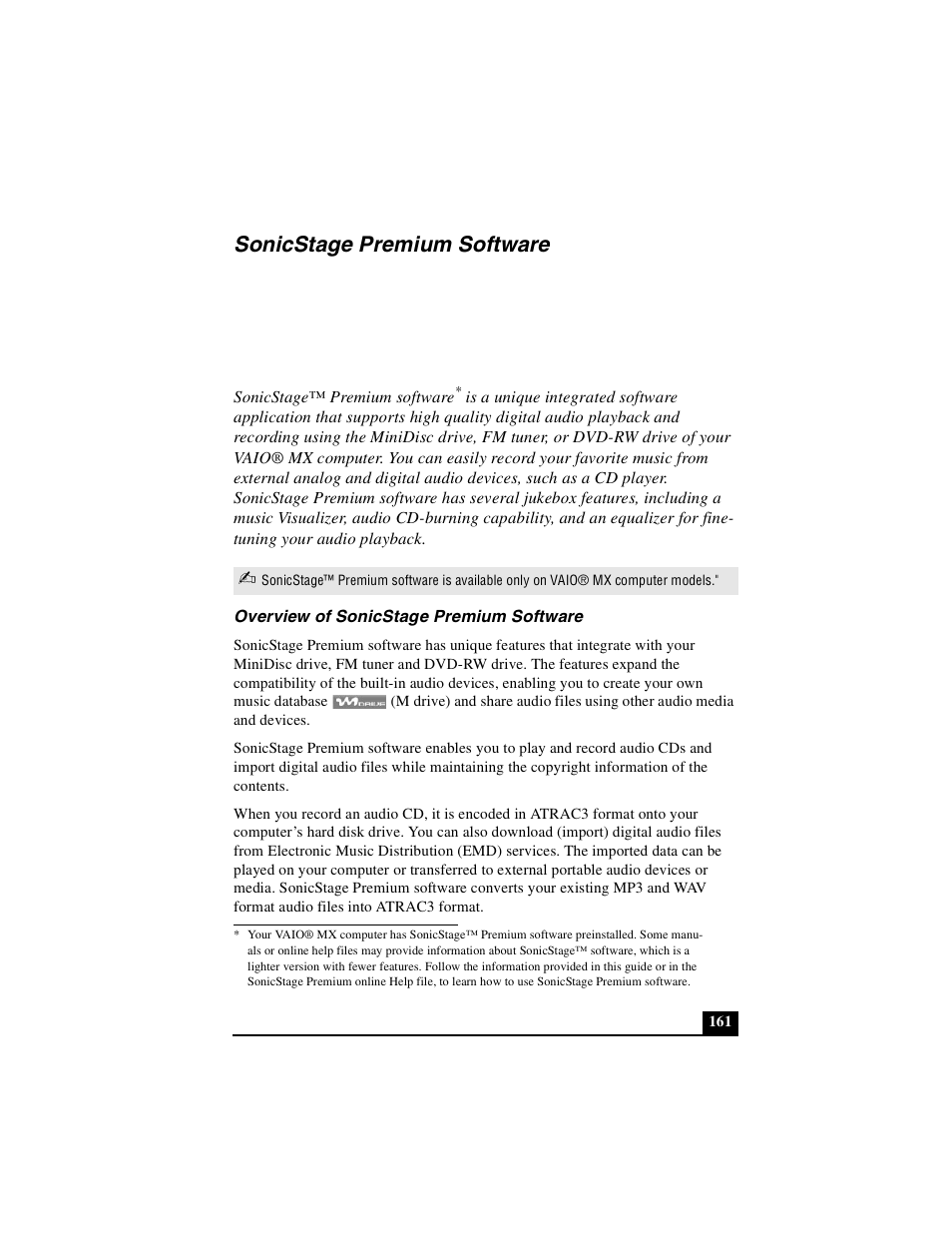 Sonicstage premium software, Overview of sonicstage premium software | Sony PCG-GR390K User Manual | Page 161 / 217