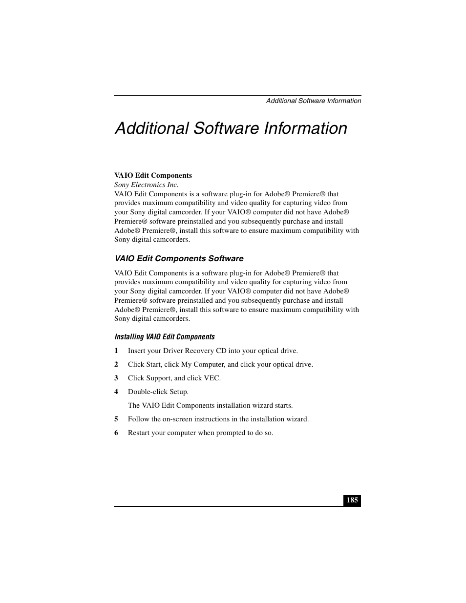 Additional software information, Vaio edit components software | Sony PCG-GR390K User Manual | Page 185 / 217