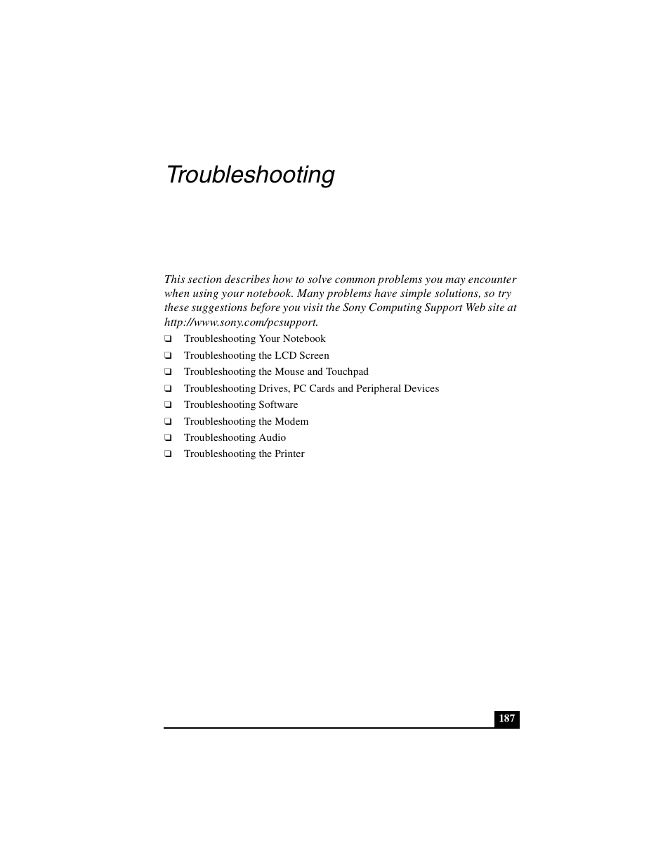 Troubleshooting | Sony PCG-GR390K User Manual | Page 187 / 217