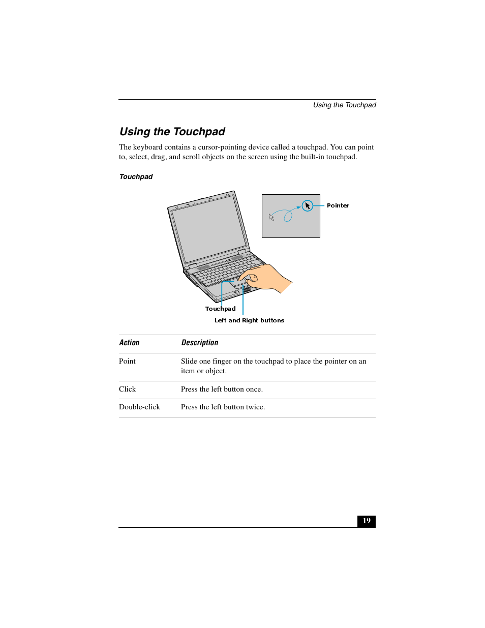 Using the touchpad | Sony PCG-GR390K User Manual | Page 19 / 217