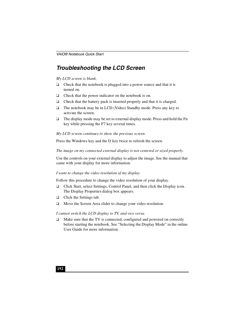 Troubleshooting the lcd screen | Sony PCG-GR390K User Manual | Page 192 / 217