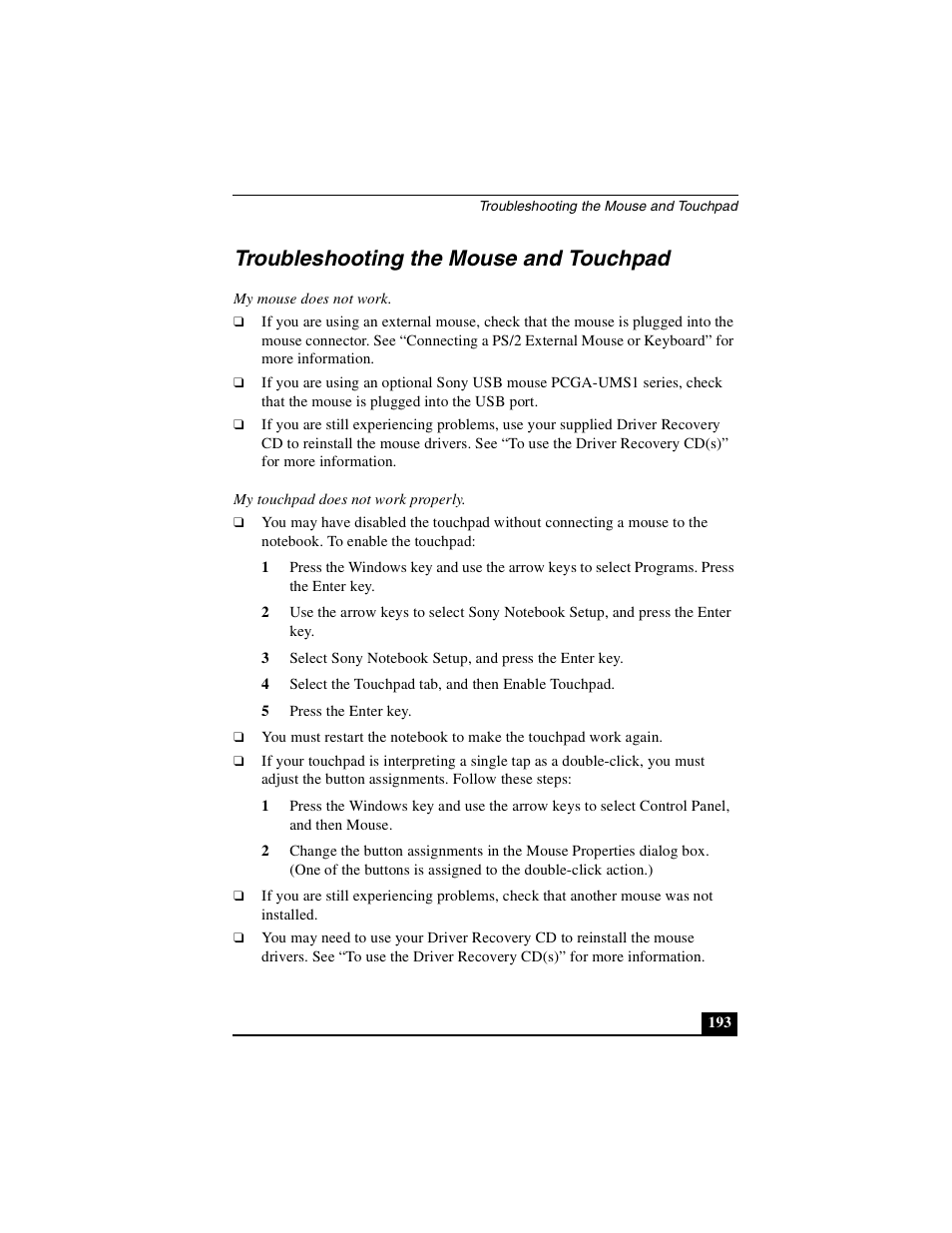 Troubleshooting the mouse and touchpad | Sony PCG-GR390K User Manual | Page 193 / 217