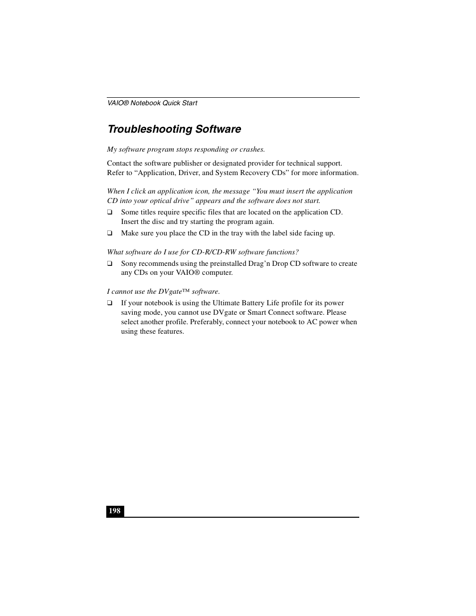 Troubleshooting software | Sony PCG-GR390K User Manual | Page 198 / 217