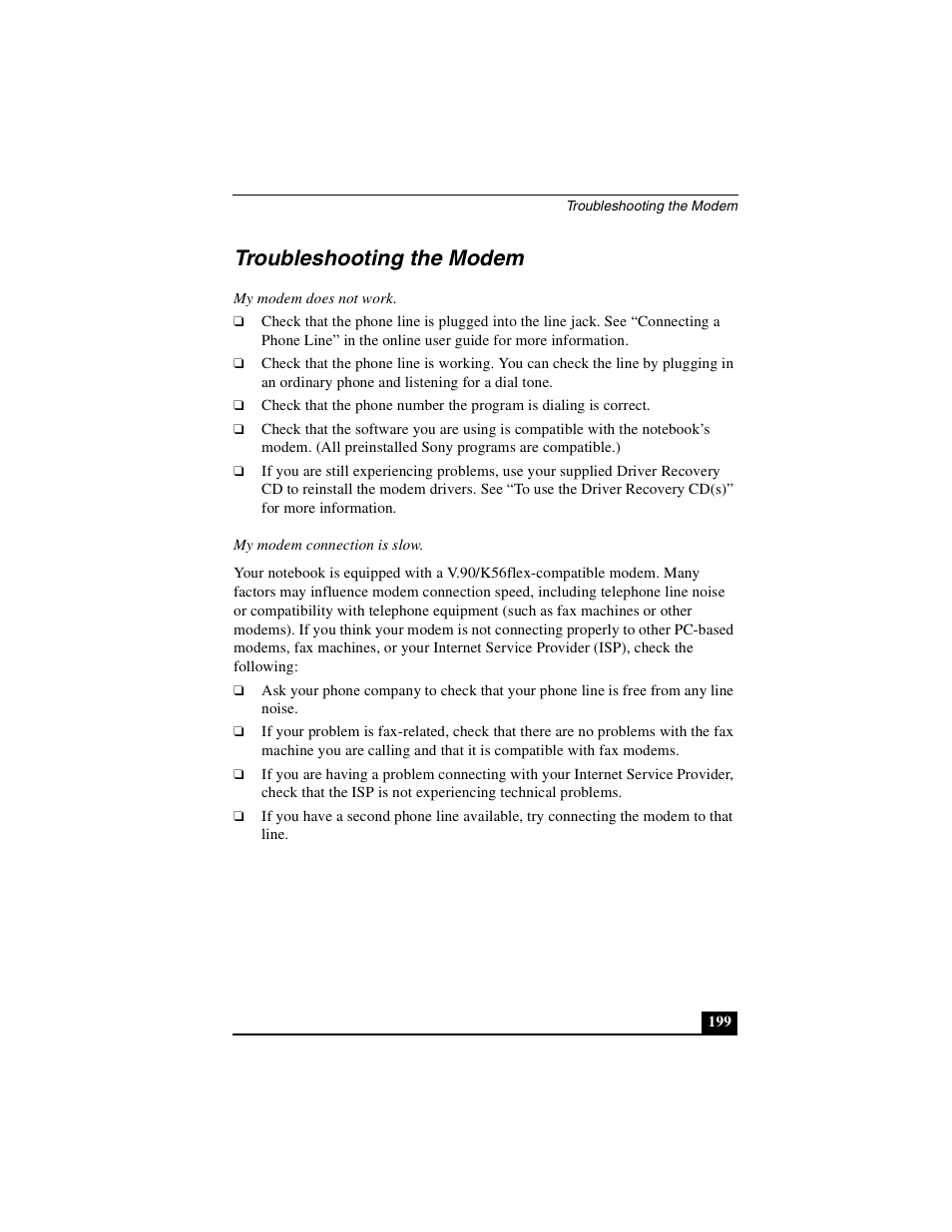 Troubleshooting the modem | Sony PCG-GR390K User Manual | Page 199 / 217