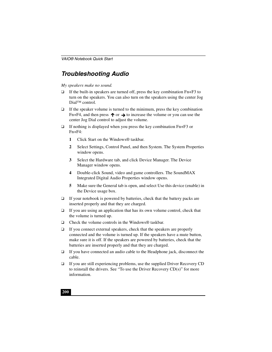 Troubleshooting audio | Sony PCG-GR390K User Manual | Page 200 / 217