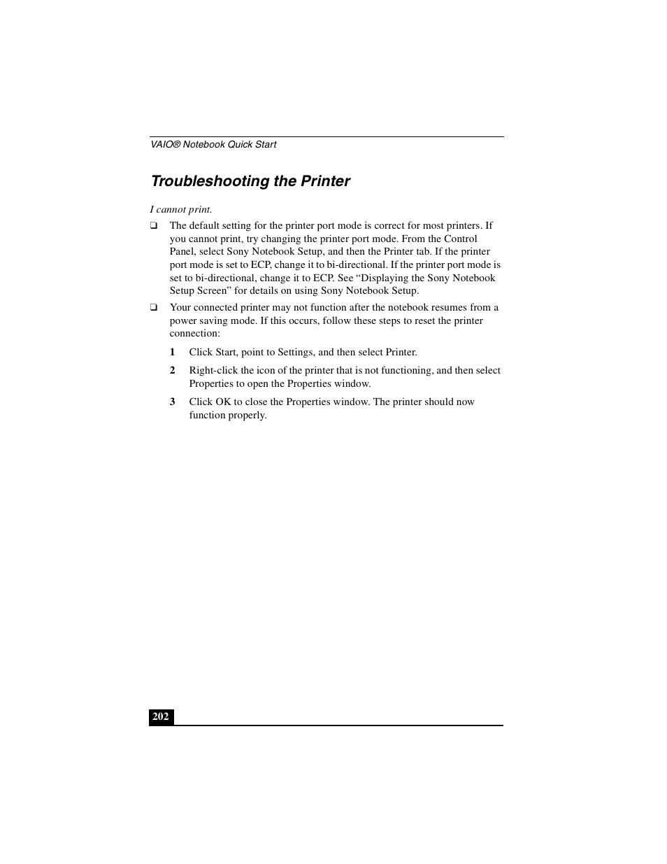 Troubleshooting the printer | Sony PCG-GR390K User Manual | Page 202 / 217