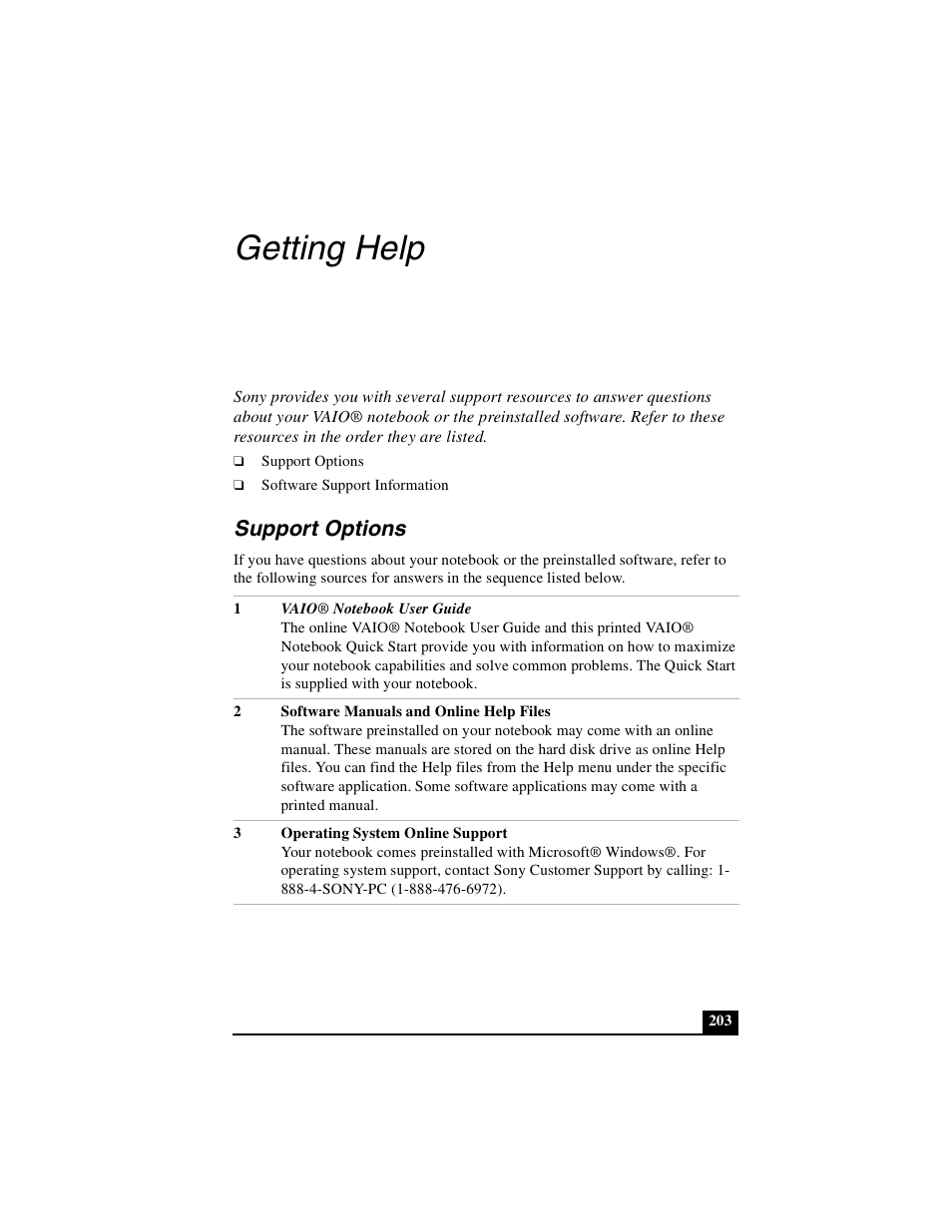 Getting help, Support options | Sony PCG-GR390K User Manual | Page 203 / 217