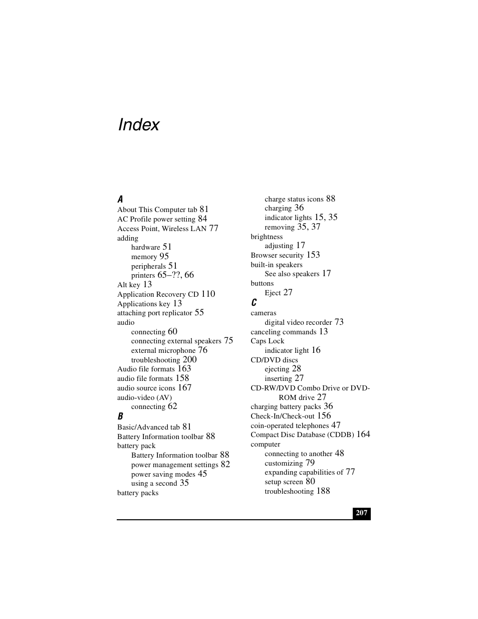 Index | Sony PCG-GR390K User Manual | Page 207 / 217