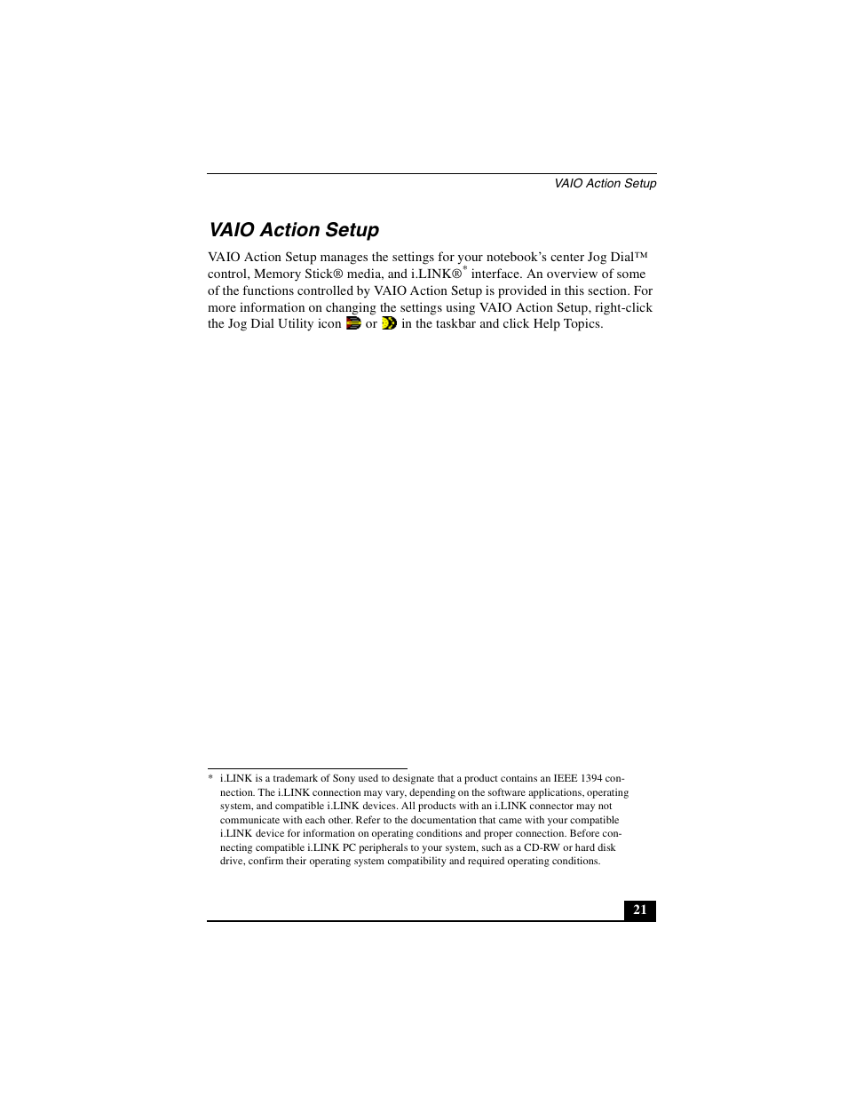 Vaio action setup | Sony PCG-GR390K User Manual | Page 21 / 217