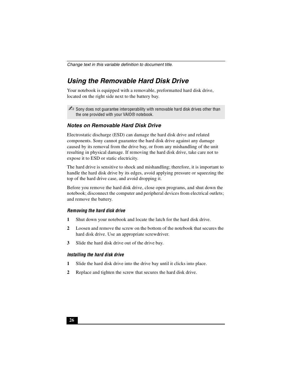 Using the removable hard disk drive, Notes on removable hard disk drive | Sony PCG-GR390K User Manual | Page 26 / 217