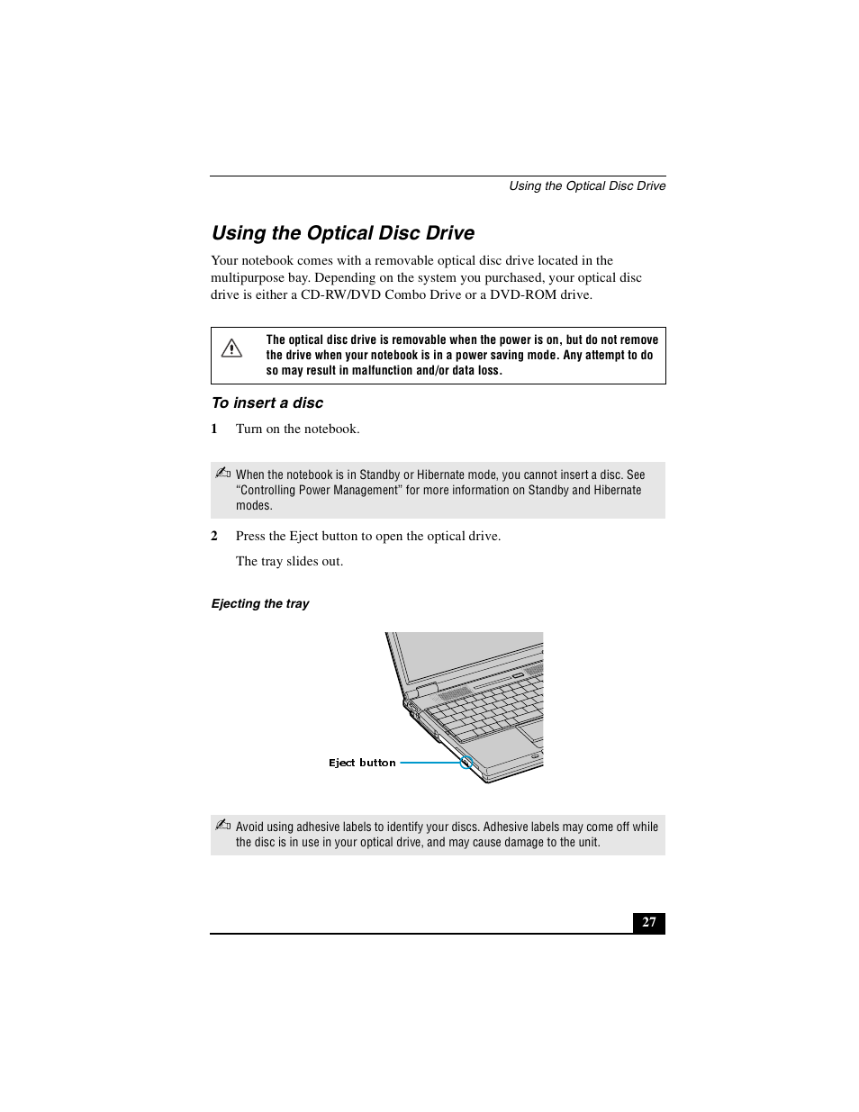 Using the optical disc drive, To insert a disc | Sony PCG-GR390K User Manual | Page 27 / 217