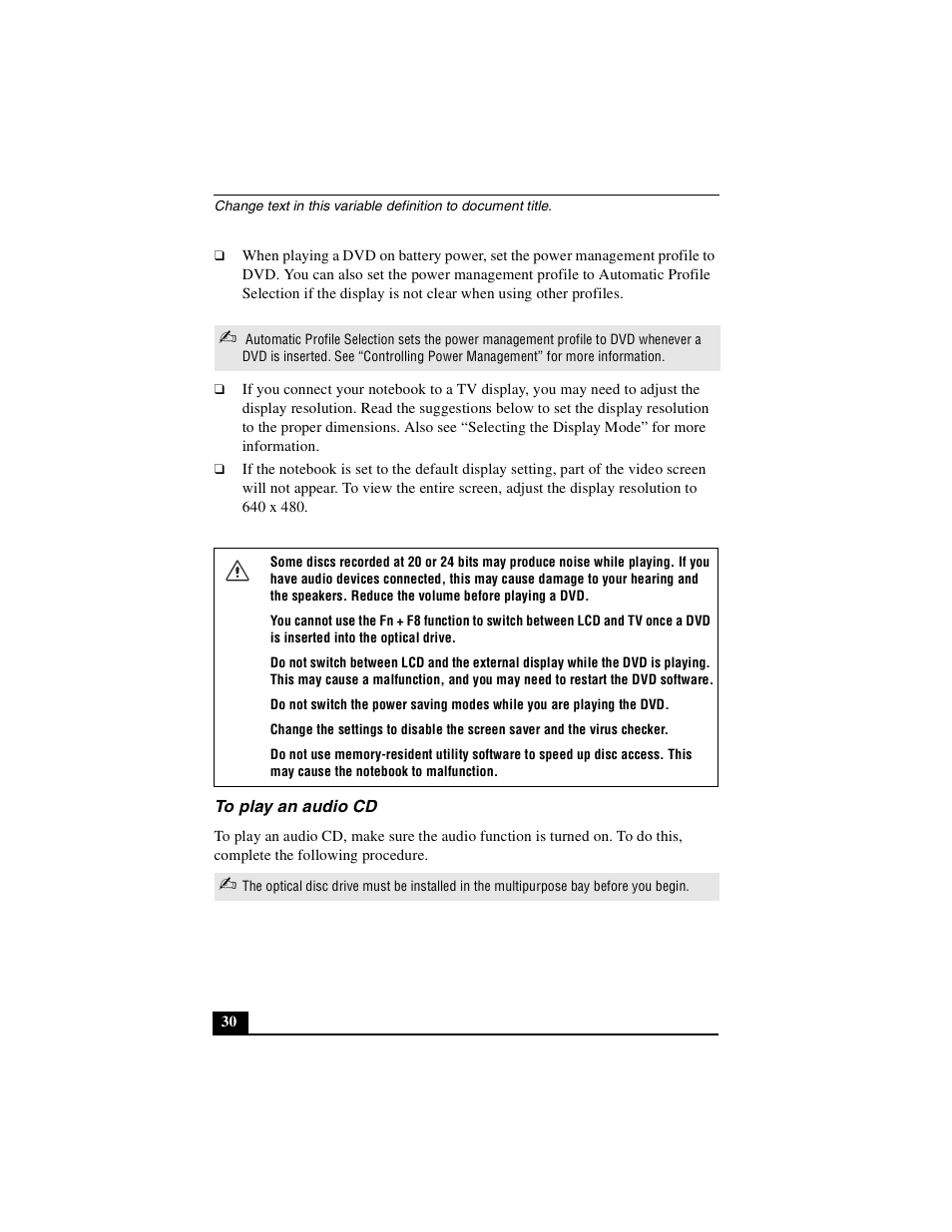 To play an audio cd | Sony PCG-GR390K User Manual | Page 30 / 217