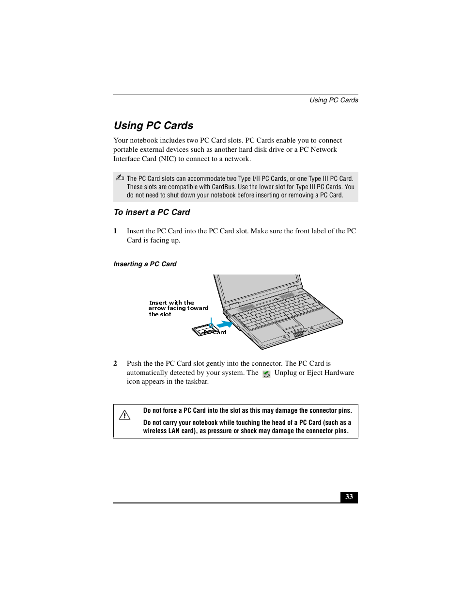 Using pc cards, To insert a pc card | Sony PCG-GR390K User Manual | Page 33 / 217