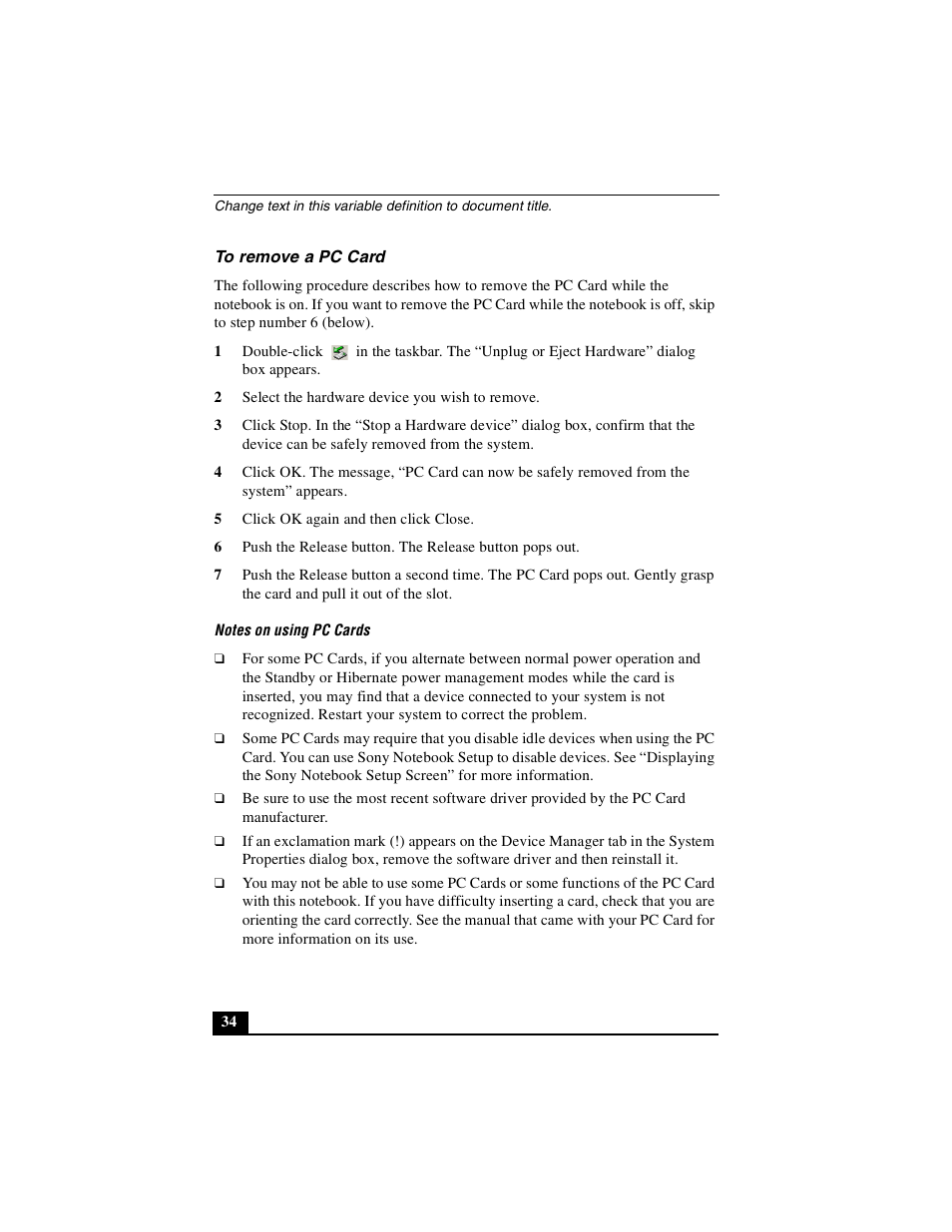 To remove a pc card | Sony PCG-GR390K User Manual | Page 34 / 217