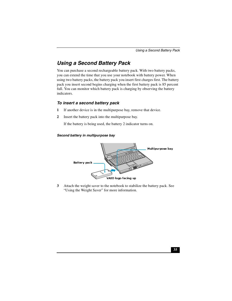 Using a second battery pack, To insert a second battery pack | Sony PCG-GR390K User Manual | Page 35 / 217