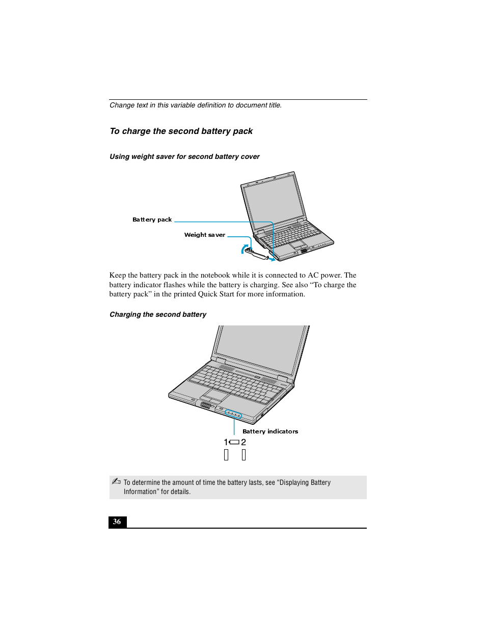 To charge the second battery pack | Sony PCG-GR390K User Manual | Page 36 / 217