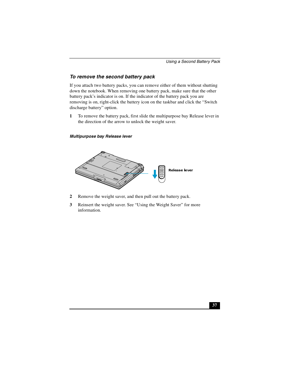 To remove the second battery pack, Release lever | Sony PCG-GR390K User Manual | Page 37 / 217