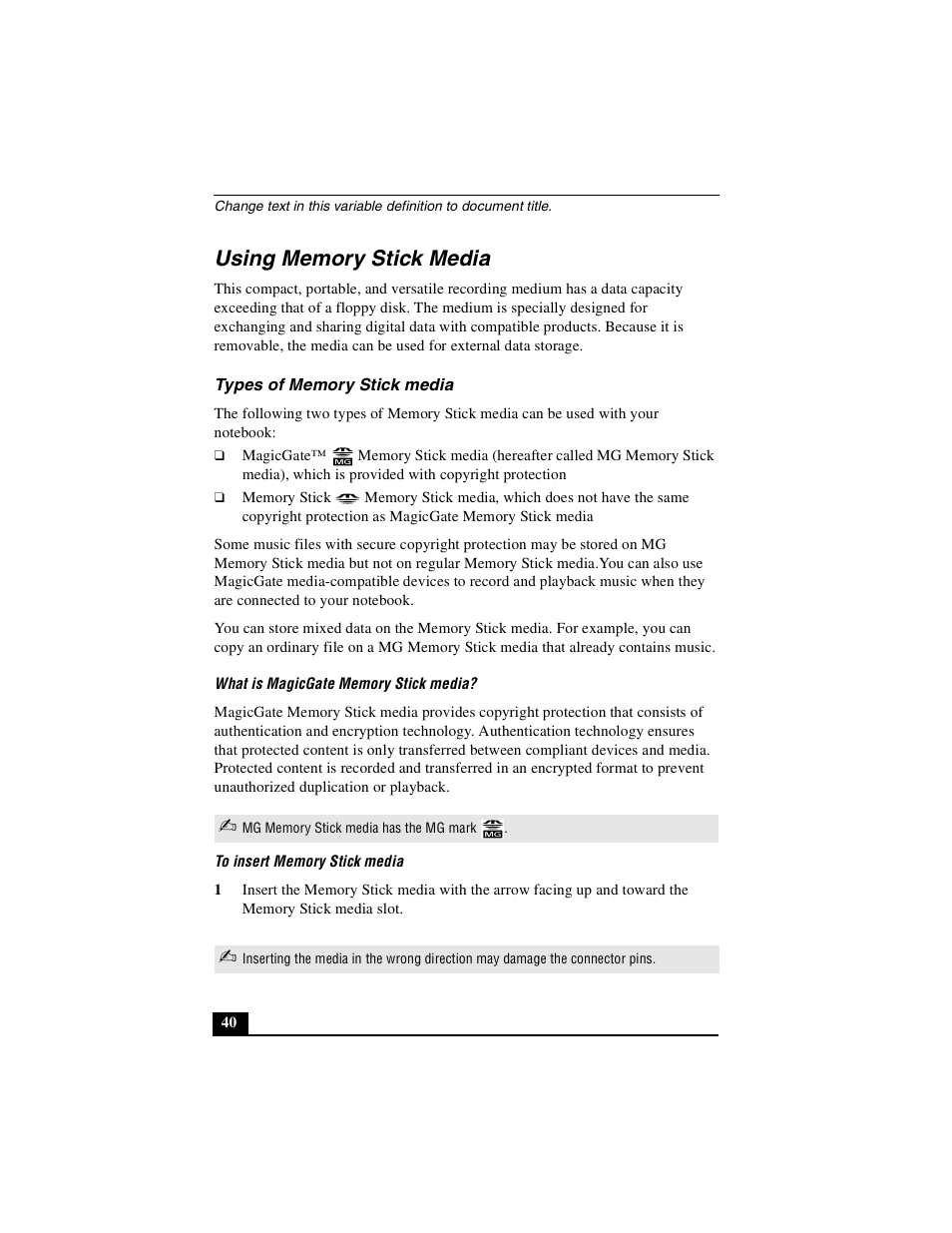 Using memory stick media, Types of memory stick media, Using mem | Sony PCG-GR390K User Manual | Page 40 / 217