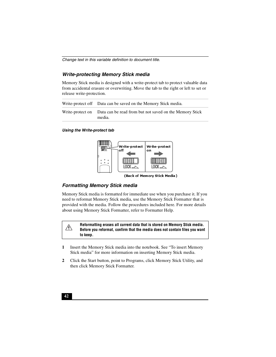 Write-protecting memory stick media, Formatting memory stick media | Sony PCG-GR390K User Manual | Page 42 / 217