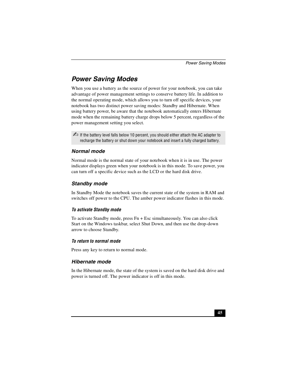 Power saving modes, Normal mode, Standby mode | Hibernate mode, Normal mode standby mode hibernate mode | Sony PCG-GR390K User Manual | Page 45 / 217