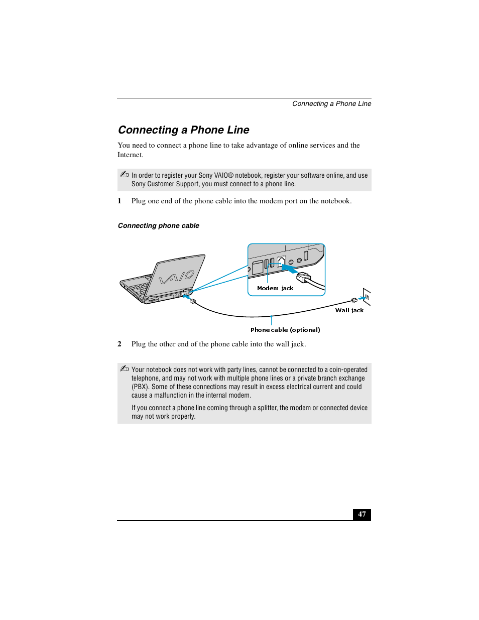 Connecting a phone line | Sony PCG-GR390K User Manual | Page 47 / 217