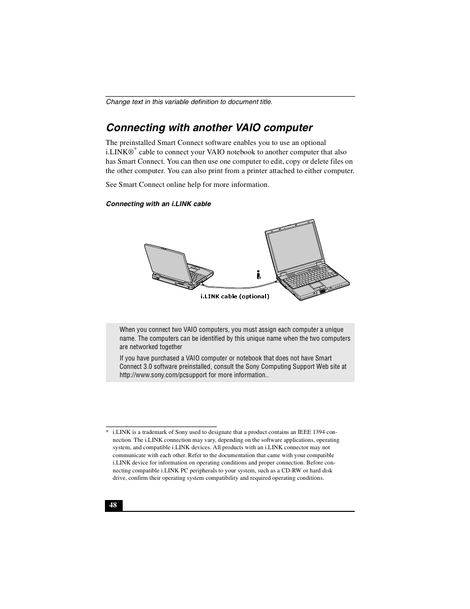 Connecting with another vaio computer, I.link cable (optional) | Sony PCG-GR390K User Manual | Page 48 / 217
