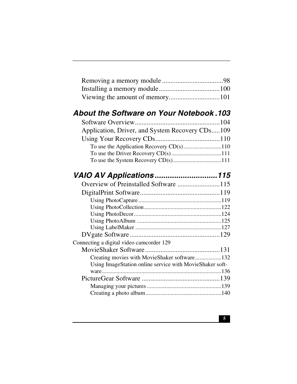 Vaio av applications | Sony PCG-GR390K User Manual | Page 5 / 217