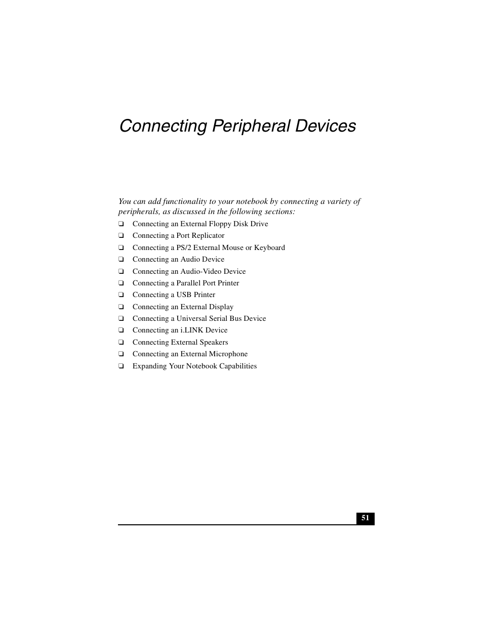 Connecting peripheral devices | Sony PCG-GR390K User Manual | Page 51 / 217