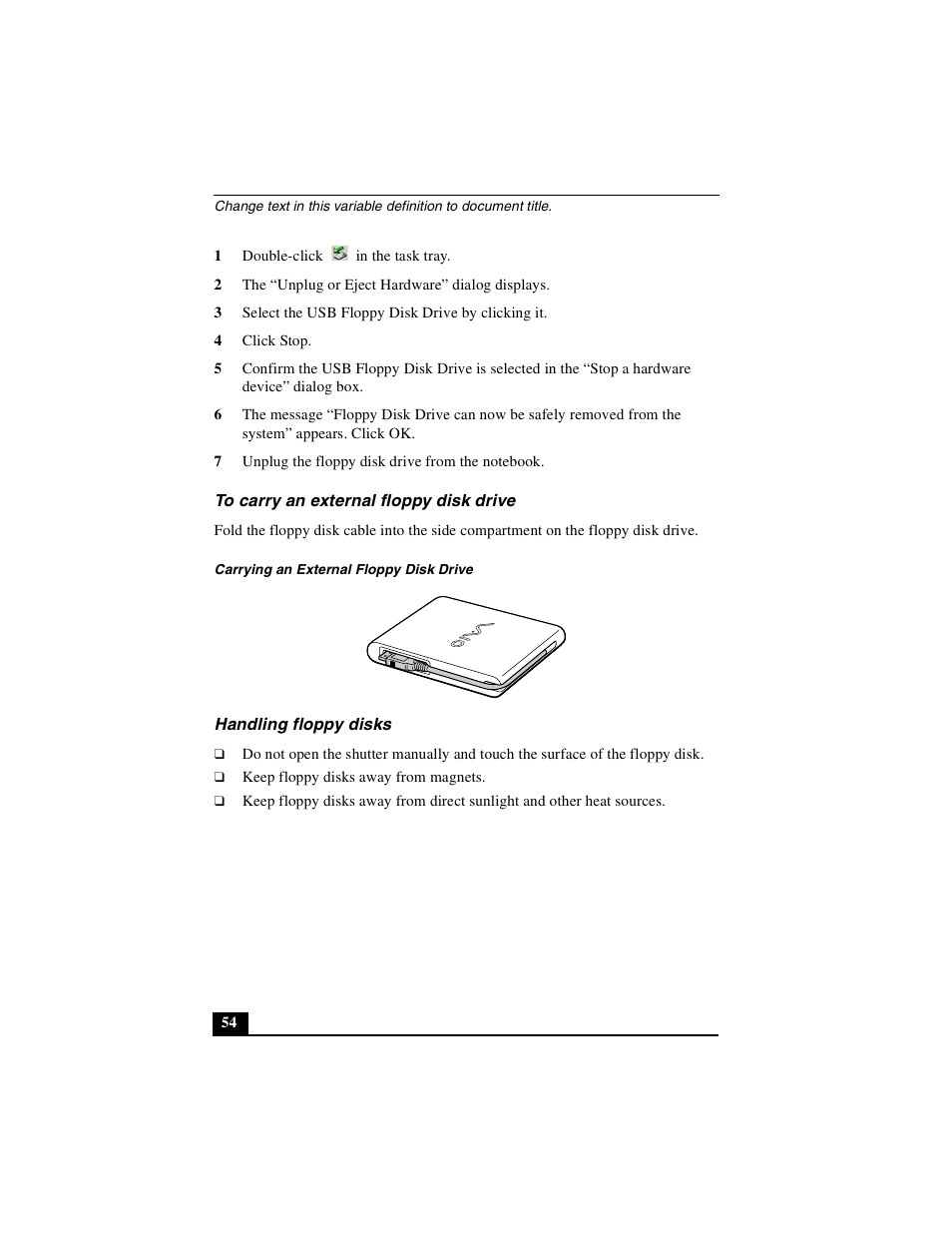 To carry an external floppy disk drive, Handling floppy disks | Sony PCG-GR390K User Manual | Page 54 / 217