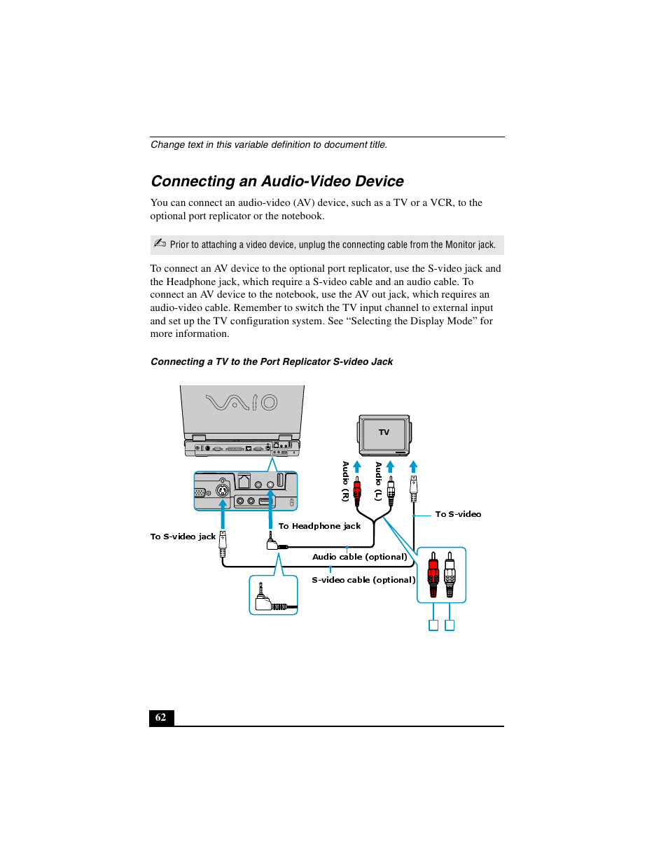 Connecting an audio-video device | Sony PCG-GR390K User Manual | Page 62 / 217