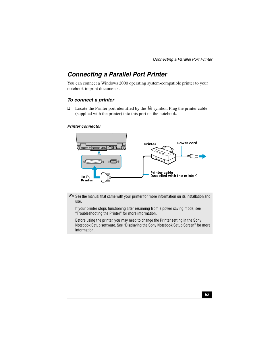 Connecting a parallel port printer, To connect a printer | Sony PCG-GR390K User Manual | Page 65 / 217