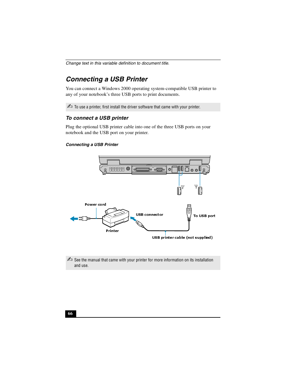 Connecting a usb printer, To connect a usb printer | Sony PCG-GR390K User Manual | Page 66 / 217